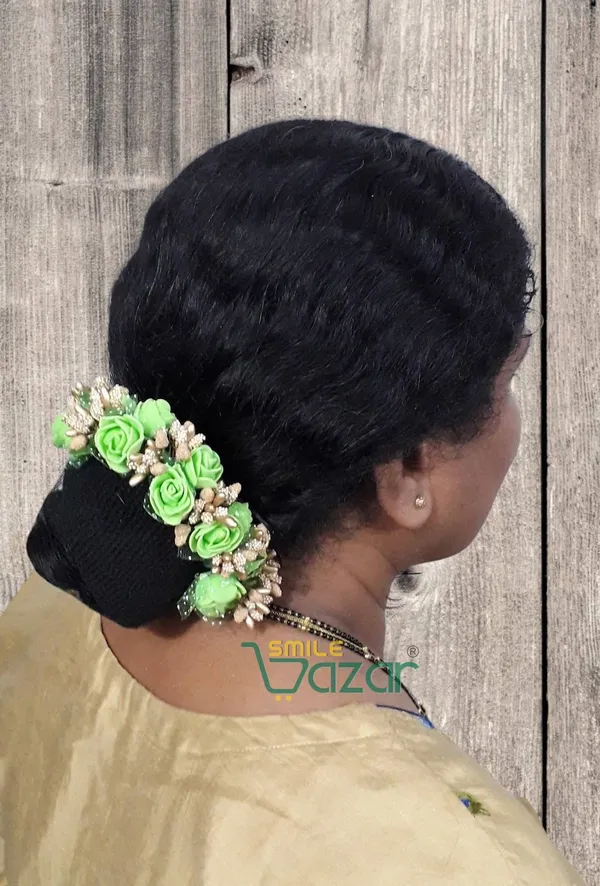Artificial_Handmade_Floral_Gajra_Garland_Veni_For_Festival_Wedding_Bun_Juda_Accessories_Ethnic_Look_Hair_Tiara_Veni_Hair_Accessory_For_Women_And_Girls_-_Green_-_1_Pc