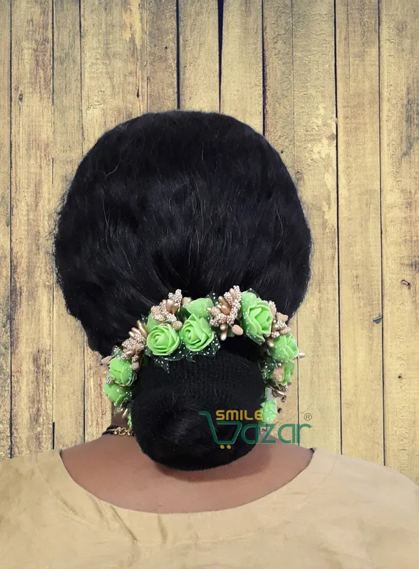 Artificial_Handmade_Floral_Gajra_Garland_Veni_For_Festival_Wedding_Bun_Juda_Accessories_Ethnic_Look_Hair_Tiara_Veni_Hair_Accessory_For_Women_And_Girls_-_Green_-_1_Pc