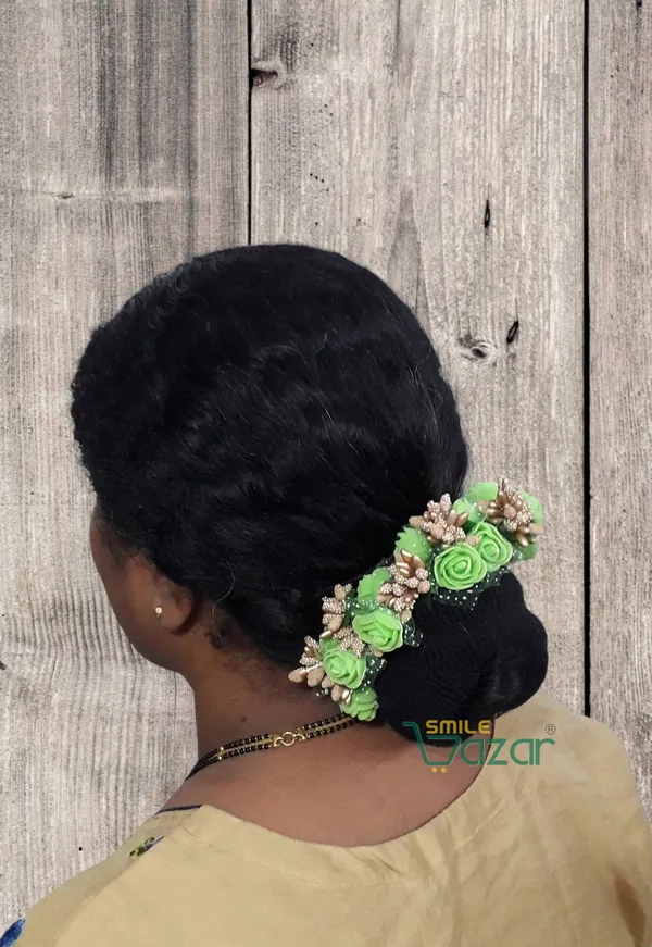 Artificial_Handmade_Floral_Gajra_Garland_Veni_For_Festival_Wedding_Bun_Juda_Accessories_Ethnic_Look_Hair_Tiara_Veni_Hair_Accessory_For_Women_And_Girls_-_Green_-_1_Pc
