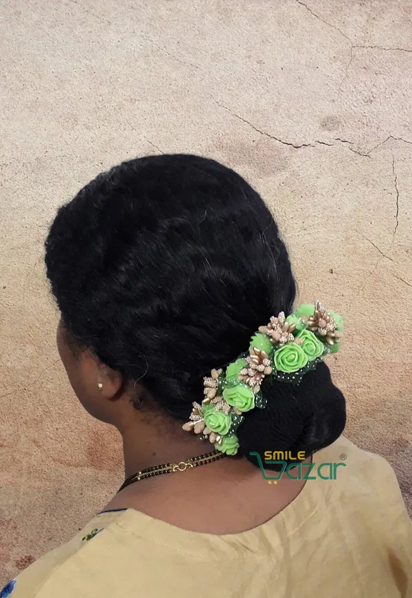 Artificial_Handmade_Floral_Gajra_Garland_Veni_For_Festival_Wedding_Bun_Juda_Accessories_Ethnic_Look_Hair_Tiara_Veni_Hair_Accessory_For_Women_And_Girls_-_Green_-_1_Pc