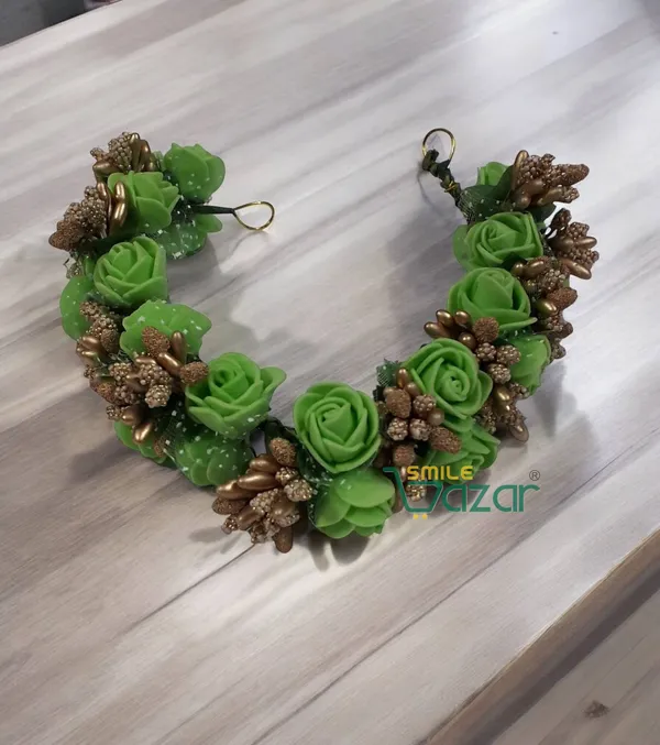 Artificial_Handmade_Floral_Gajra_Garland_Veni_For_Festival_Wedding_Bun_Juda_Accessories_Ethnic_Look_Hair_Tiara_Veni_Hair_Accessory_For_Women_And_Girls_-_Green_-_1_Pc