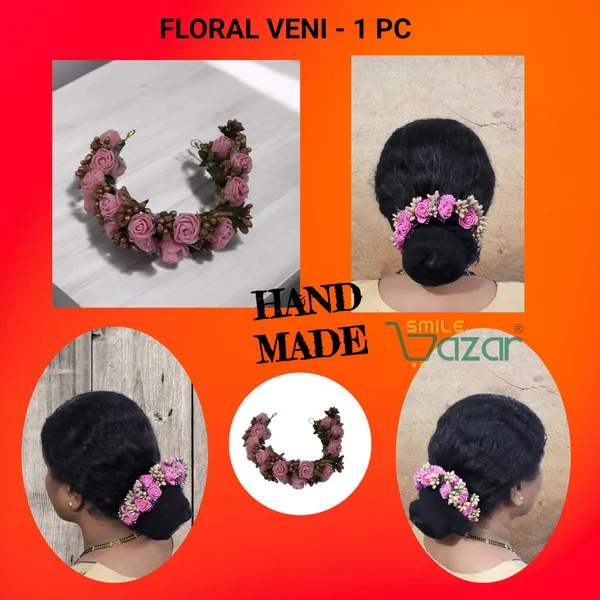 Artificial_Handmade_Floral_Gajra_Garland_Veni_For_Festival_Wedding_Bun_Juda_Accessories_Ethnic_Look_Hair_Tiara_Veni_Hair_Accessory_For_Women_And_Girls_-_Pink_-_1_Pc