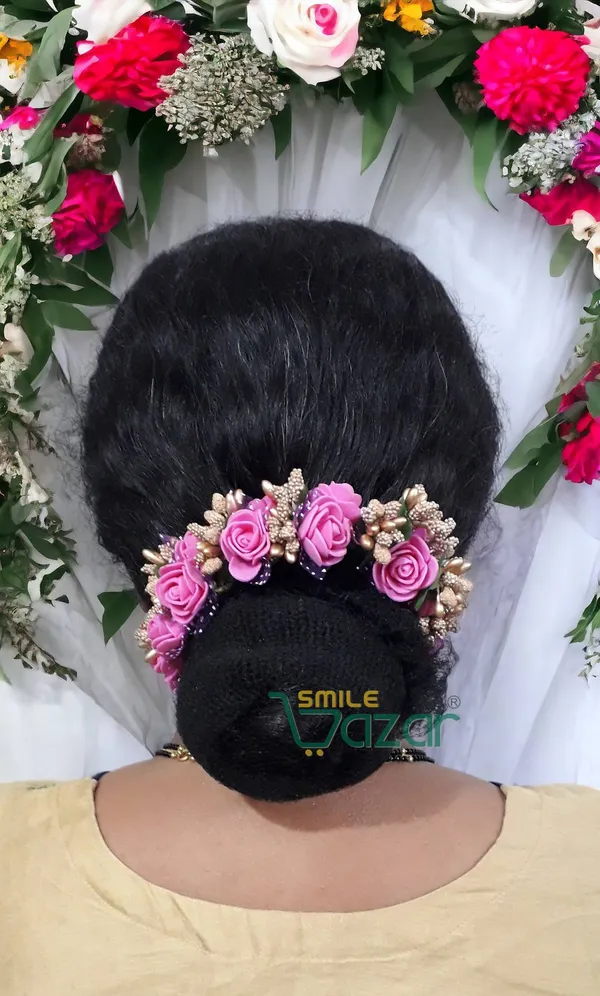 Artificial_Handmade_Floral_Gajra_Garland_Veni_For_Festival_Wedding_Bun_Juda_Accessories_Ethnic_Look_Hair_Tiara_Veni_Hair_Accessory_For_Women_And_Girls_-_Pink_-_1_Pc
