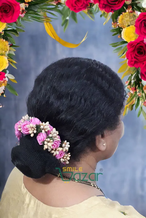 Artificial_Handmade_Floral_Gajra_Garland_Veni_For_Festival_Wedding_Bun_Juda_Accessories_Ethnic_Look_Hair_Tiara_Veni_Hair_Accessory_For_Women_And_Girls_-_Pink_-_1_Pc