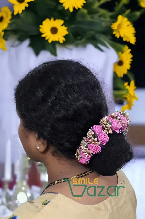 Artificial_Handmade_Floral_Gajra_Garland_Veni_For_Festival_Wedding_Bun_Juda_Accessories_Ethnic_Look_Hair_Tiara_Veni_Hair_Accessory_For_Women_And_Girls_-_Pink_-_1_Pc