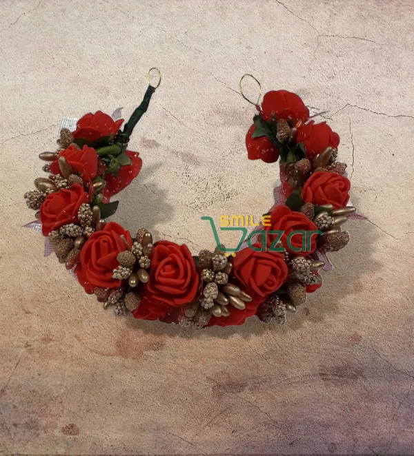 Artificial_Handmade_Floral_Gajra_Garland_Veni_For_Festival_Wedding_Bun_Juda_Accessories_Ethnic_Look_Hair_Tiara_Veni_Hair_Accessory_For_Women_And_Girls_-_Red_-_1_Pc