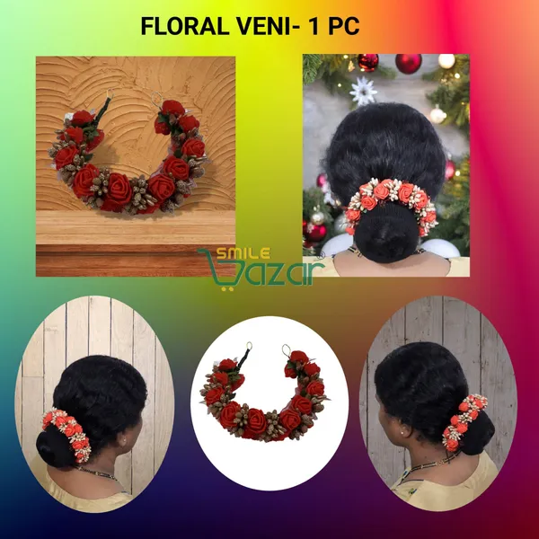 Artificial_Handmade_Floral_Gajra_Garland_Veni_For_Festival_Wedding_Bun_Juda_Accessories_Ethnic_Look_Hair_Tiara_Veni_Hair_Accessory_For_Women_And_Girls_-_Red_-_1_Pc