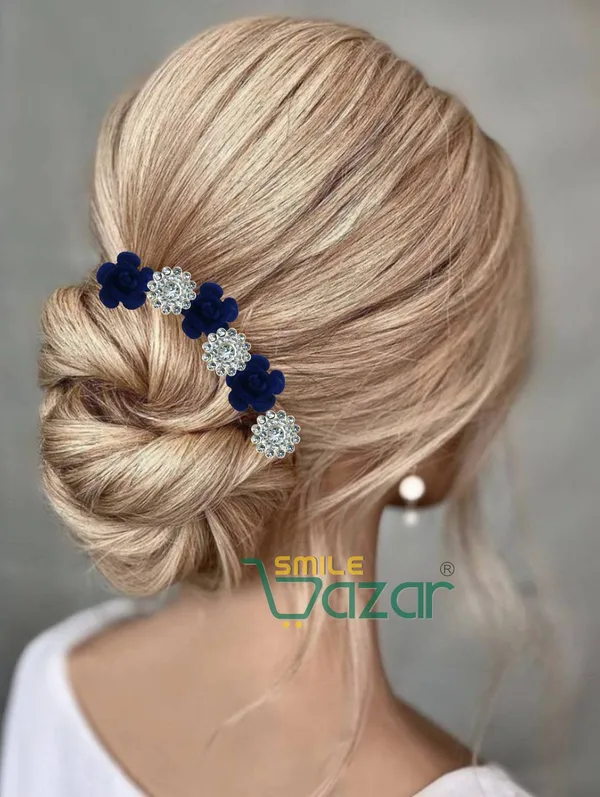 Bridal_Hair_Bun_Pin_Accessories_/_Fancy_Golden_Juda_Pins_with_Artificial_BLUE_Rose_and_Clear_Rhinestone_for_Women_and_Girls_-_Set_of_16_PCs