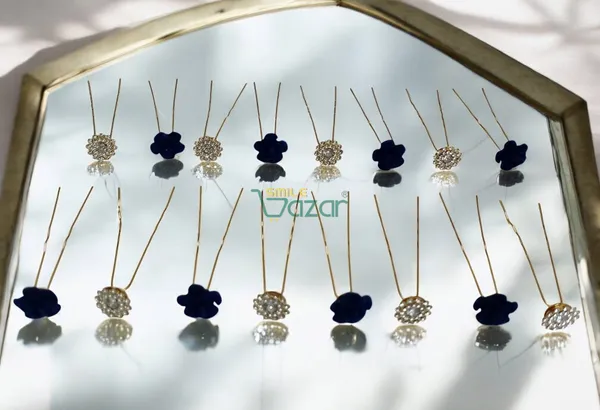 Bridal_Hair_Bun_Pin_Accessories_/_Fancy_Golden_Juda_Pins_with_Artificial_BLUE_Rose_and_Clear_Rhinestone_for_Women_and_Girls_-_Set_of_16_PCs
