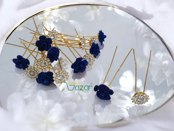Bridal_Hair_Bun_Pin_Accessories_/_Fancy_Golden_Juda_Pins_with_Artificial_BLUE_Rose_and_Clear_Rhinestone_for_Women_and_Girls_-_Set_of_16_PCs