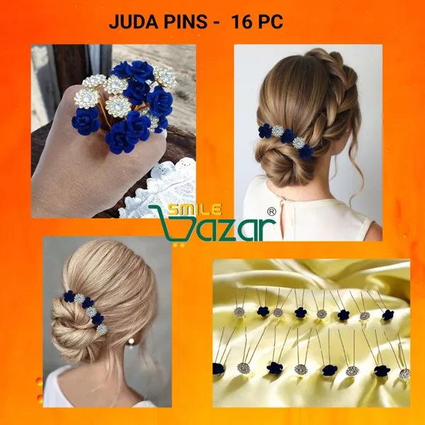 Bridal_Hair_Bun_Pin_Accessories_/_Fancy_Golden_Juda_Pins_with_Artificial_BLUE_Rose_and_Clear_Rhinestone_for_Women_and_Girls_-_Set_of_16_PCs