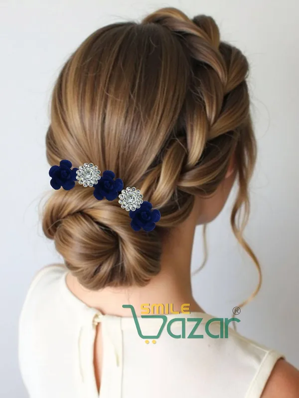 Bridal_Hair_Bun_Pin_Accessories_/_Fancy_Golden_Juda_Pins_with_Artificial_BLUE_Rose_and_Clear_Rhinestone_for_Women_and_Girls_-_Set_of_16_PCs