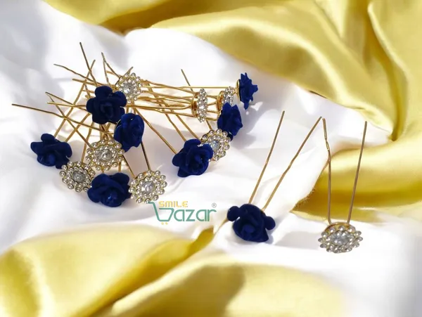 Bridal_Hair_Bun_Pin_Accessories_/_Fancy_Golden_Juda_Pins_with_Artificial_BLUE_Rose_and_Clear_Rhinestone_for_Women_and_Girls_-_Set_of_16_PCs