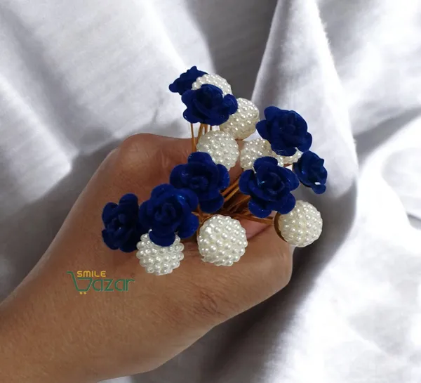 Bridal_Hair_Bun_Pin_Accessories_/_Fancy_Golden_Juda_Pins_with_Artificial_BLUE_Rose_and__Faux_Pearls_for_Women_and_Girls_-_Set_of_16_PCs
