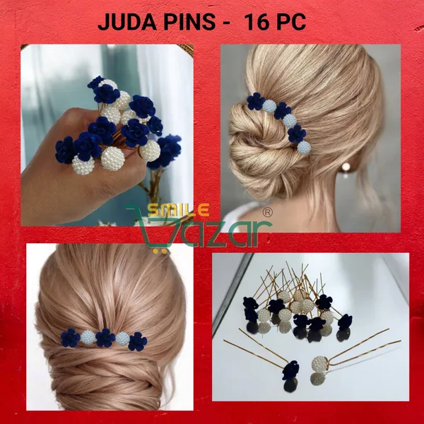 Bridal_Hair_Bun_Pin_Accessories_/_Fancy_Golden_Juda_Pins_with_Artificial_BLUE_Rose_and__Faux_Pearls_for_Women_and_Girls_-_Set_of_16_PCs