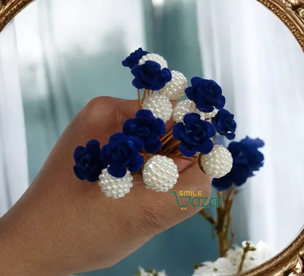 Bridal_Hair_Bun_Pin_Accessories_/_Fancy_Golden_Juda_Pins_with_Artificial_BLUE_Rose_and__Faux_Pearls_for_Women_and_Girls_-_Set_of_16_PCs