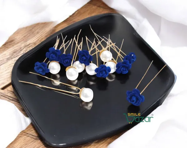 Bridal_Hair_Bun_Pin_Accessories_/_Fancy_Golden_Juda_Pins_with_Artificial_BLUE_Rose_and__Pearls_for_Women_and_Girls_-_Set_of_16_PCs