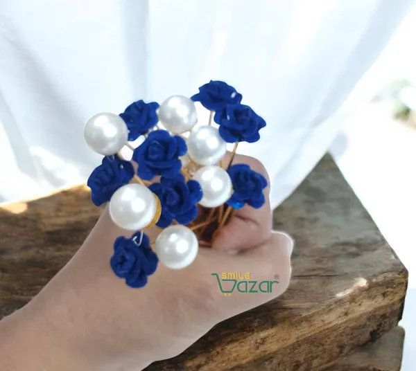 Bridal_Hair_Bun_Pin_Accessories_/_Fancy_Golden_Juda_Pins_with_Artificial_BLUE_Rose_and__Pearls_for_Women_and_Girls_-_Set_of_16_PCs