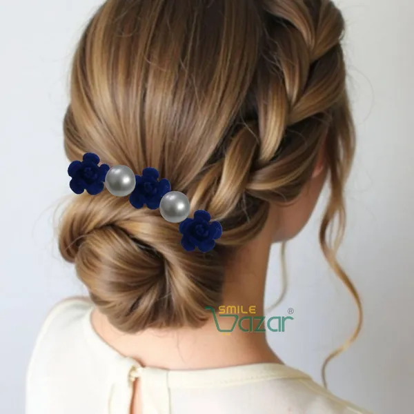 Bridal_Hair_Bun_Pin_Accessories_/_Fancy_Golden_Juda_Pins_with_Artificial_BLUE_Rose_and__Pearls_for_Women_and_Girls_-_Set_of_16_PCs
