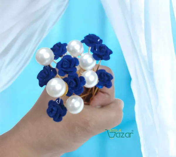 Bridal_Hair_Bun_Pin_Accessories_/_Fancy_Golden_Juda_Pins_with_Artificial_BLUE_Rose_and__Pearls_for_Women_and_Girls_-_Set_of_16_PCs