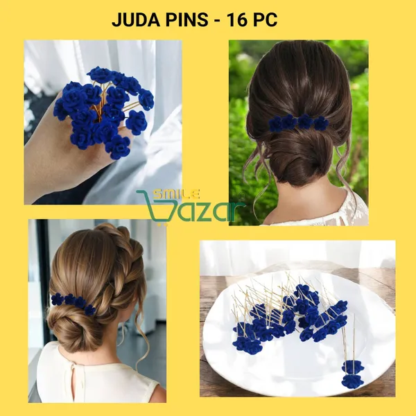 Bridal_Hair_Bun_Pin_Accessories_/_Fancy_Golden_Juda_Pins_with_Artificial_BLUE_Rose_for_Women_and_Girls_-_Set_of_16_PCs
