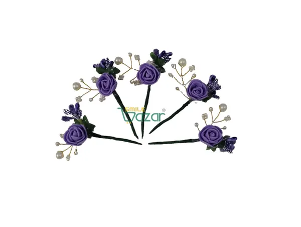 Bridal_Hair_Bun_Pin_Accessories_/_Fancy_Golden_Juda_Pins_with_Artificial_PURPLE_Rose_for_Women_and_Girls_-_Set_of_5_PCs