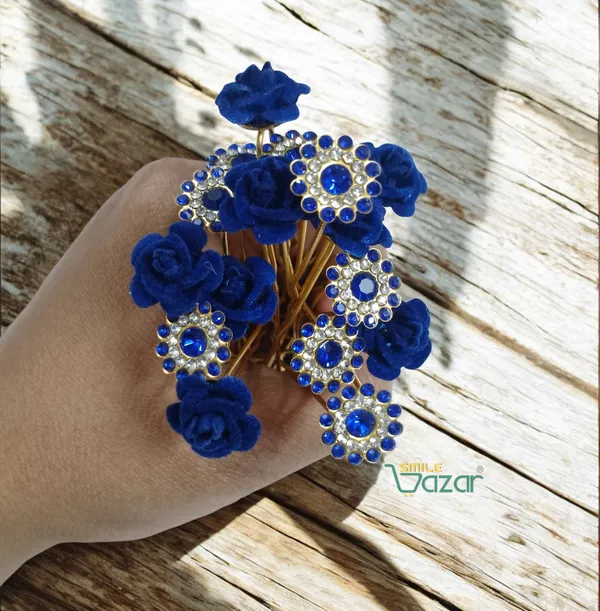 Bridal_Hair_Bun_Pin_Accessories_/_Fancy_Golden_Juda_Pins_with_Artificial__Blue_Rose_and__Blue_Rhinestone_for_Women_and_Girls_-_Set_of_16_PCs
