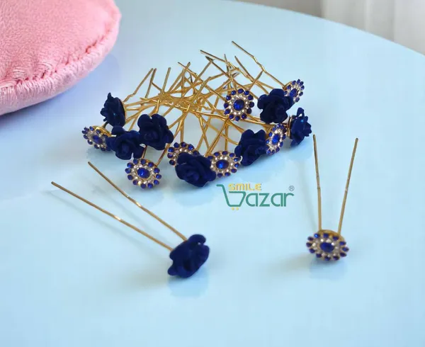 Bridal_Hair_Bun_Pin_Accessories_/_Fancy_Golden_Juda_Pins_with_Artificial__Blue_Rose_and__Blue_Rhinestone_for_Women_and_Girls_-_Set_of_16_PCs