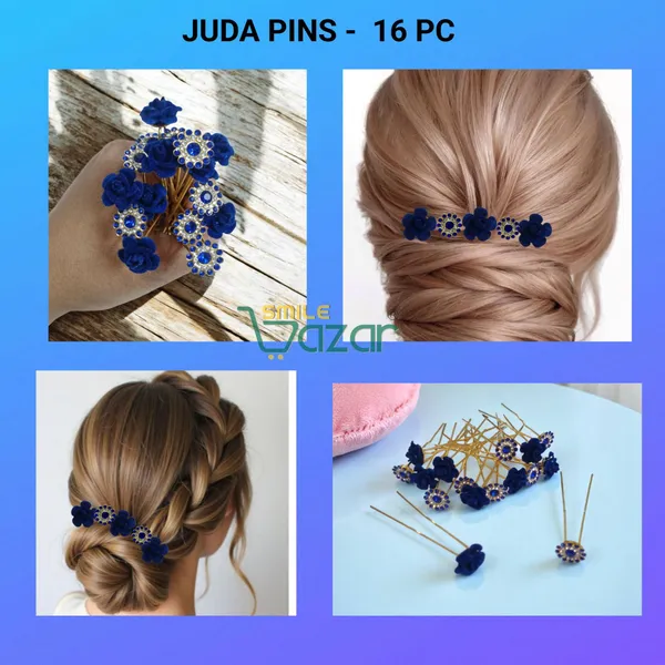 Bridal_Hair_Bun_Pin_Accessories_/_Fancy_Golden_Juda_Pins_with_Artificial__Blue_Rose_and__Blue_Rhinestone_for_Women_and_Girls_-_Set_of_16_PCs