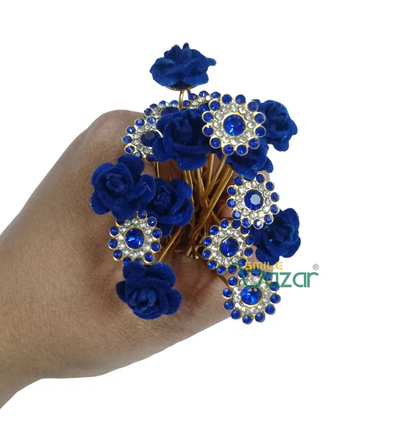 Bridal_Hair_Bun_Pin_Accessories_/_Fancy_Golden_Juda_Pins_with_Artificial__Blue_Rose_and__Blue_Rhinestone_for_Women_and_Girls_-_Set_of_16_PCs