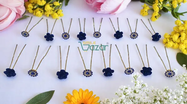 Bridal_Hair_Bun_Pin_Accessories_/_Fancy_Golden_Juda_Pins_with_Artificial__Blue_Rose_and__Blue_Rhinestone_for_Women_and_Girls_-_Set_of_16_PCs