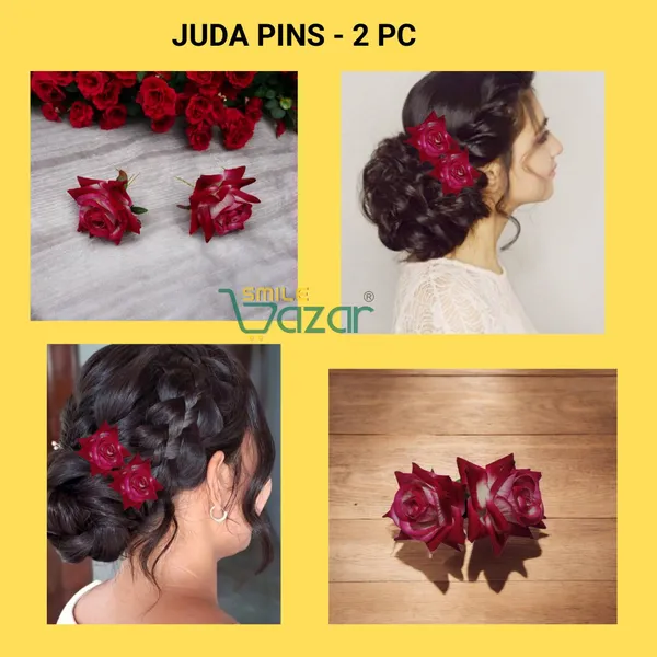 Bridal_Hair_Pin_Bun_Pin_Accessories_/_Fancy_Golden_Juda_Pins_with_Artificial_Big_Size_6_Cm_MAGENTA_PINK_Rose_Hair_Pin_for_Women_and_Girls_hair_pins_for_women_wedding_-_Set_of_2_PCs