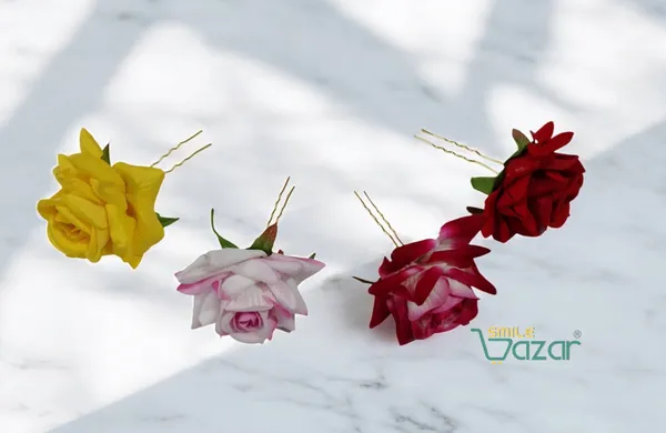Bridal_Hair_Pin_Bun_Pin_Accessories_/_Fancy_Golden_Juda_Pins_with_Artificial_Big_Size_6_Cm_MULTI_COLOUR__Rose_Hair_Pin_for_Women_and_Girls_hair_pins_for_women_wedding_:_Set_of_4_PCs