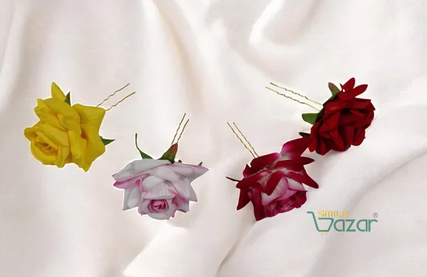 Bridal_Hair_Pin_Bun_Pin_Accessories_/_Fancy_Golden_Juda_Pins_with_Artificial_Big_Size_6_Cm_MULTI_COLOUR__Rose_Hair_Pin_for_Women_and_Girls_hair_pins_for_women_wedding_:_Set_of_4_PCs