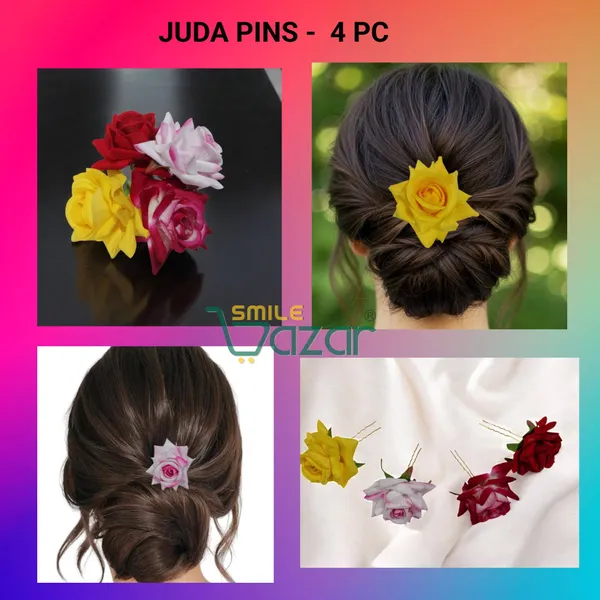Bridal_Hair_Pin_Bun_Pin_Accessories_/_Fancy_Golden_Juda_Pins_with_Artificial_Big_Size_6_Cm_MULTI_COLOUR__Rose_Hair_Pin_for_Women_and_Girls_hair_pins_for_women_wedding_:_Set_of_4_PCs