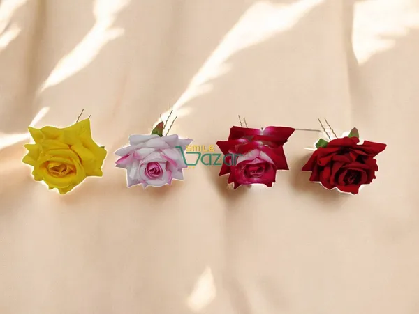 Bridal_Hair_Pin_Bun_Pin_Accessories_/_Fancy_Golden_Juda_Pins_with_Artificial_Big_Size_6_Cm_MULTI_COLOUR__Rose_Hair_Pin_for_Women_and_Girls_hair_pins_for_women_wedding_:_Set_of_4_PCs