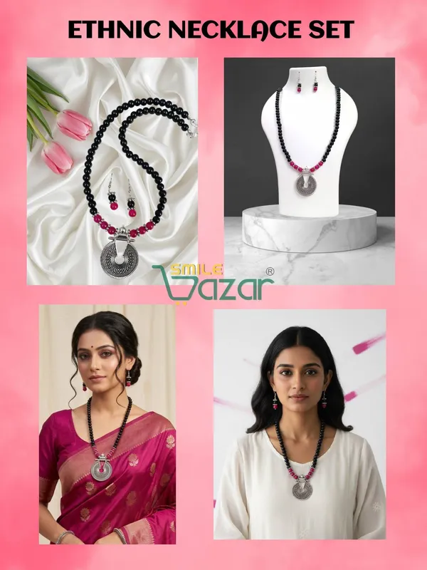 Ethnic_Big_Pendant_Artificial_Oxidised_Necklace_Set__for_Girls_&_Women_-_BLACK_AND_MAGENTA