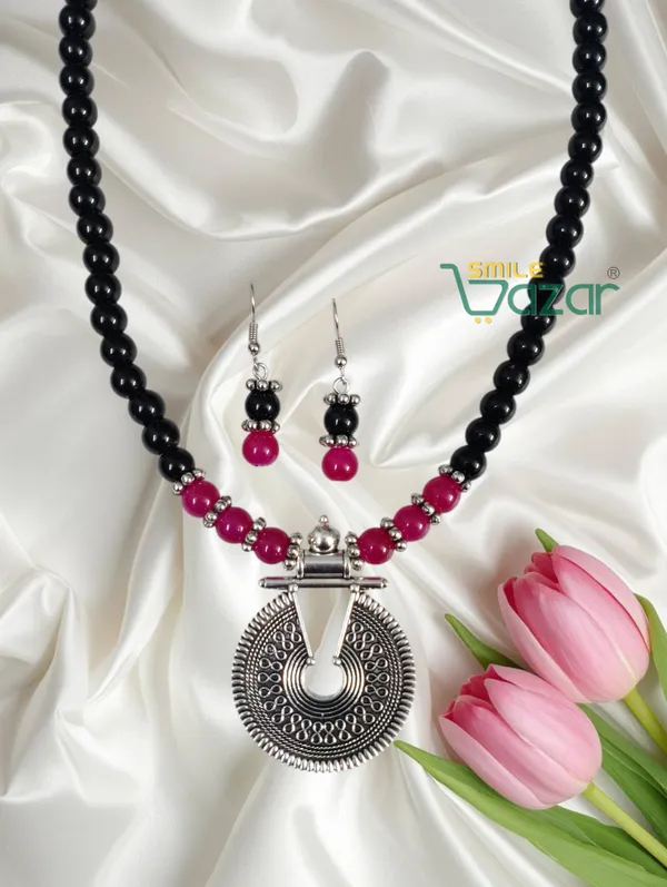 Ethnic_Big_Pendant_Artificial_Oxidised_Necklace_Set__for_Girls_&_Women_-_BLACK_AND_MAGENTA