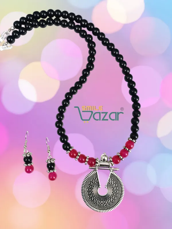 Ethnic_Big_Pendant_Artificial_Oxidised_Necklace_Set__for_Girls_&_Women_-_BLACK_AND_MAGENTA