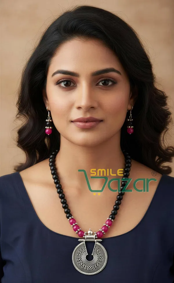 Ethnic_Big_Pendant_Artificial_Oxidised_Necklace_Set__for_Girls_&_Women_-_BLACK_AND_MAGENTA