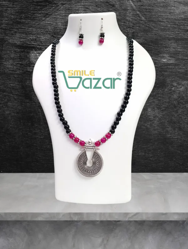 Ethnic_Big_Pendant_Artificial_Oxidised_Necklace_Set__for_Girls_&_Women_-_BLACK_AND_MAGENTA