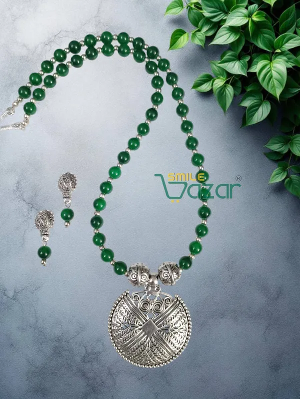 Ethnic_Big_Pendant_Artificial_Oxidised_Necklace_Set__for_Girls_&_Women_-_GREEN