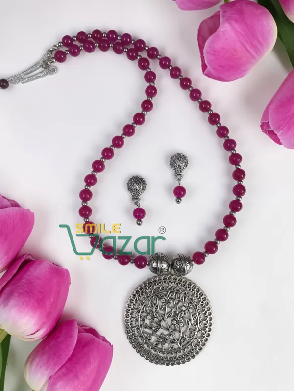 Ethnic_Big_Pendant_Artificial_Oxidised_Necklace_Set__for_Girls_&_Women_-_MAGENTA