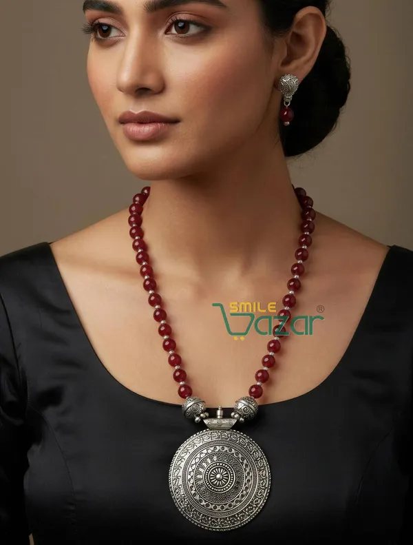 Ethnic_Big_Pendant_Artificial_Oxidised_Necklace_Set__for_Girls_&_Women_-_MAROON