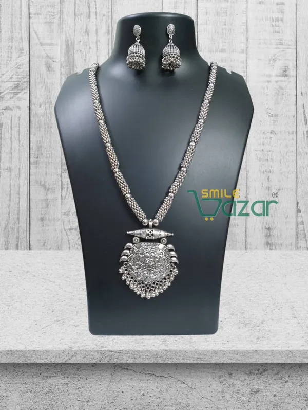 Ethnic_Big_Pendant_Artificial_Oxidised_Necklace_Set__for_Girls_&_Women_-_SILVER_COLOR