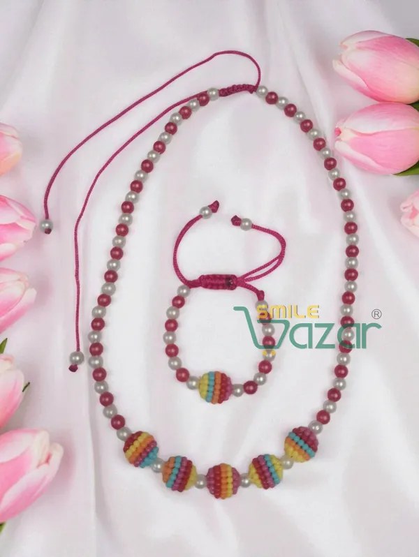 Handmade_Adjustable_Lovely_Kids_Girl's_Beaded_Necklace_&_Bracelet_Sets_Princess_for_Kids_Girl's_Necklace_and_Bracelet_Girl's_Gift__Jewellery__for_Princess__-_MAGENTA_&_WHITE