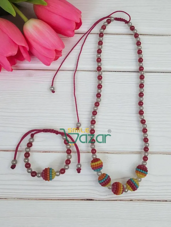 Handmade_Adjustable_Lovely_Kids_Girl's_Beaded_Necklace_&_Bracelet_Sets_Princess_for_Kids_Girl's_Necklace_and_Bracelet_Girl's_Gift__Jewellery__for_Princess__-_MAGENTA_&_WHITE