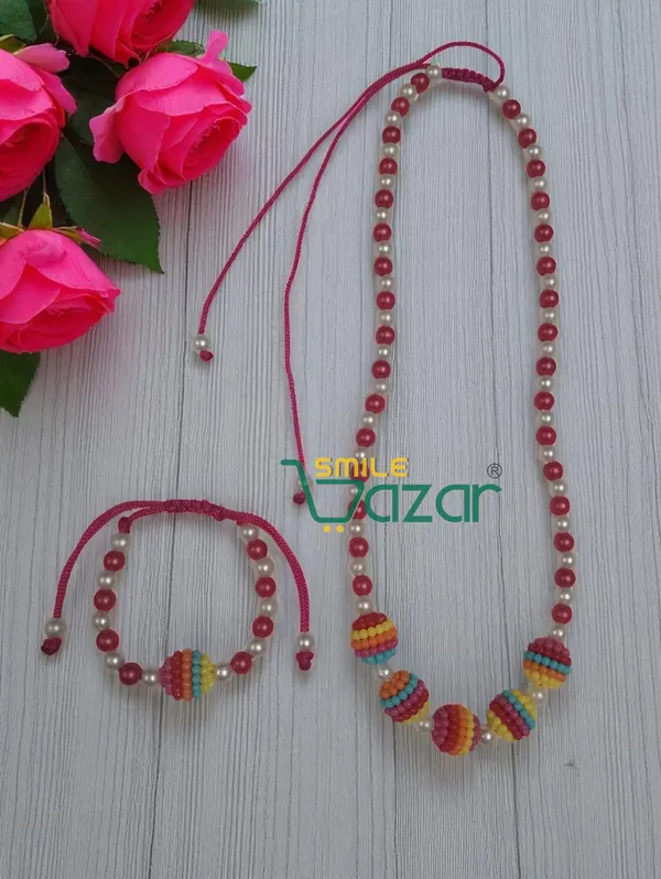 Handmade_Adjustable_Lovely_Kids_Girl's_Beaded_Necklace_&_Bracelet_Sets_Princess_for_Kids_Girl's_Necklace_and_Bracelet_Girl's_Gift__Jewellery__for_Princess__-_MAGENTA_&_WHITE