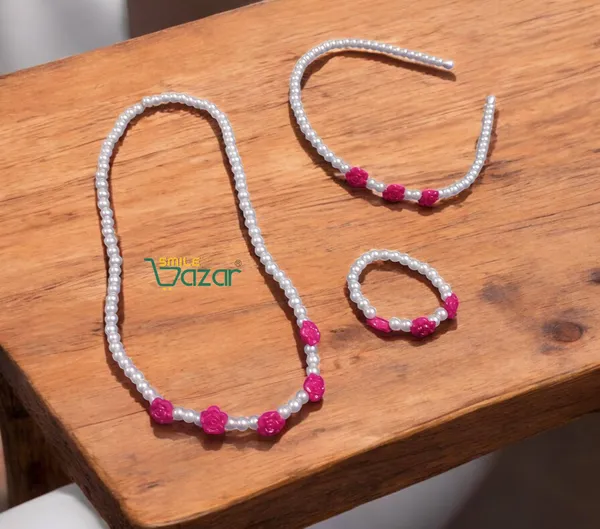 Handmade_Stretchable_Lovely_Kids_Girls_Beaded_Necklace_,_Bracelet_&_Hairband_Sets__For_Princess_Girls_Gift__Jewellery_-_White_&_Magenta_Pink