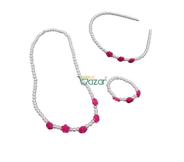 Handmade_Stretchable_Lovely_Kids_Girls_Beaded_Necklace_,_Bracelet_&_Hairband_Sets__For_Princess_Girls_Gift__Jewellery_-_White_&_Magenta_Pink